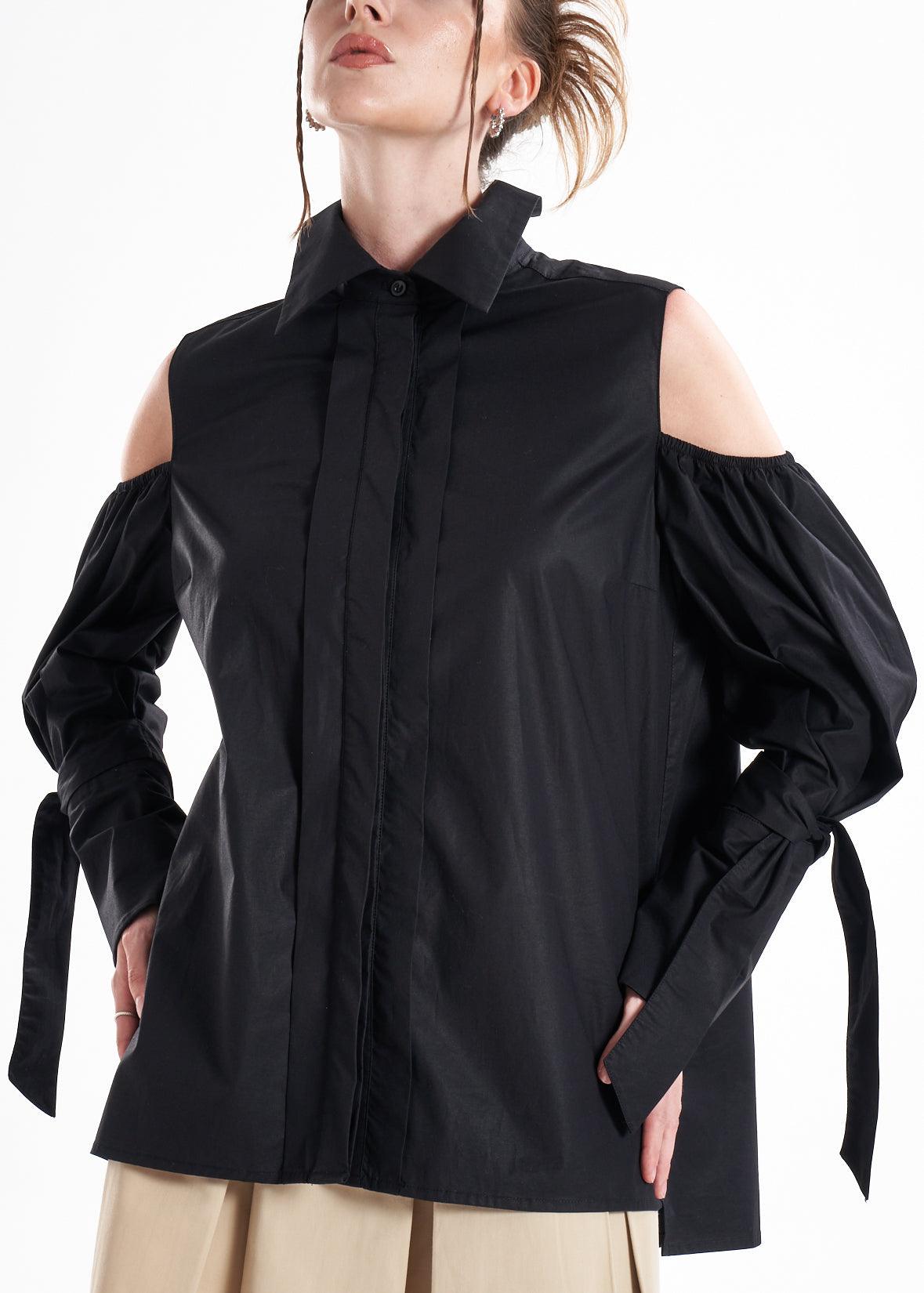 Quarta Open Shoulders Black Premium Poplin Shirt ETNA