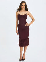 Pluma Maroon Halter Faux-Fur Trimmed Midi Dress Miss Circle