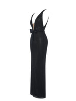 Olympia Black Belted Bow Plunging Rhinestone Maxi Dress Miss Circle
