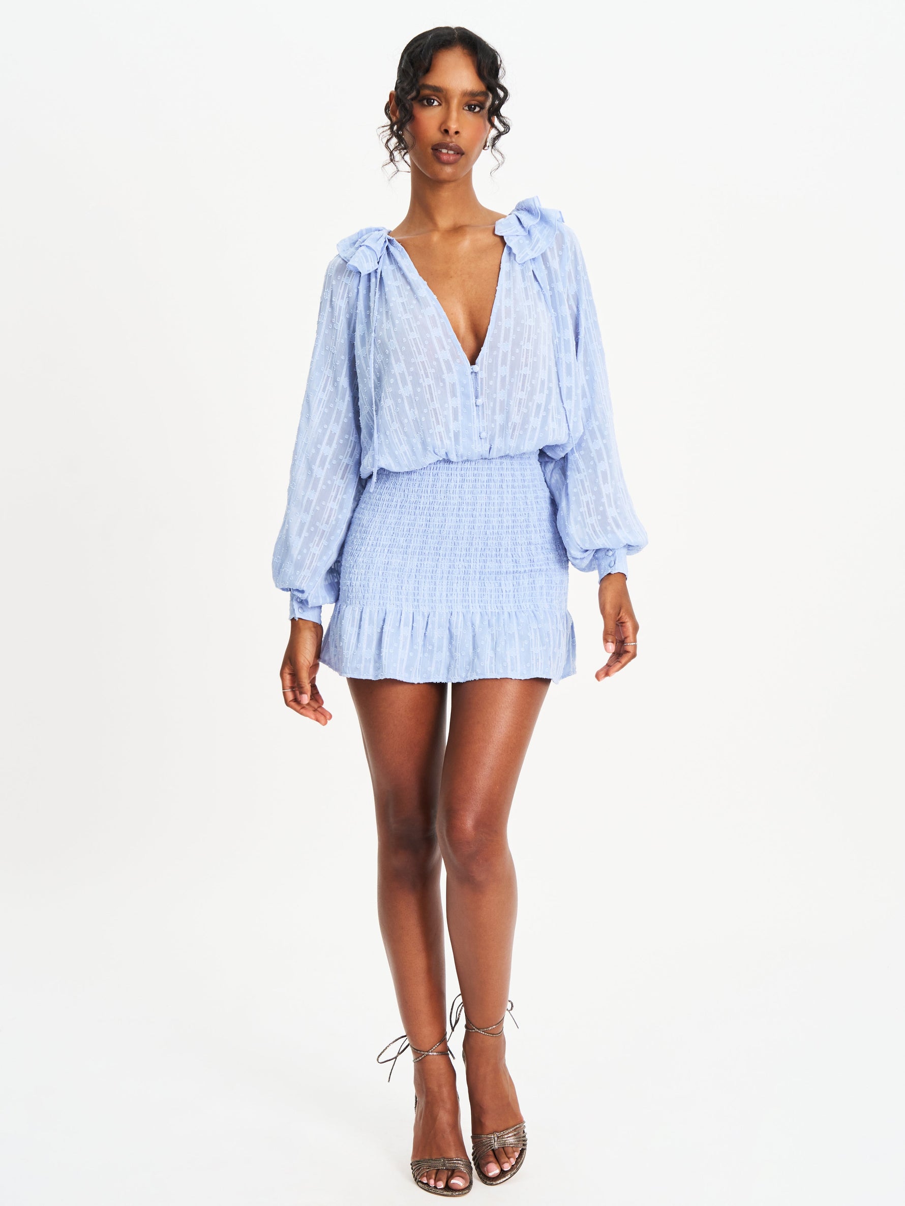 Zahari Blue Smock Bottom Balloon Sleeve Mini Dress