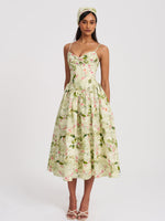 Jacinda Green Floral Print Ruched Breast Linen Midi Dress