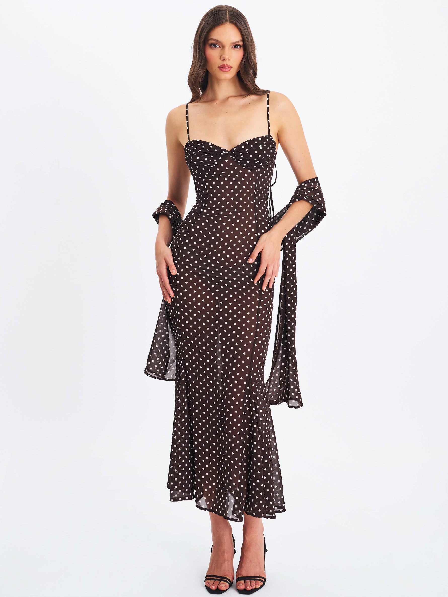Yadira Brown Base Polka Dot Chiffon Maxi Dress Miss Circle