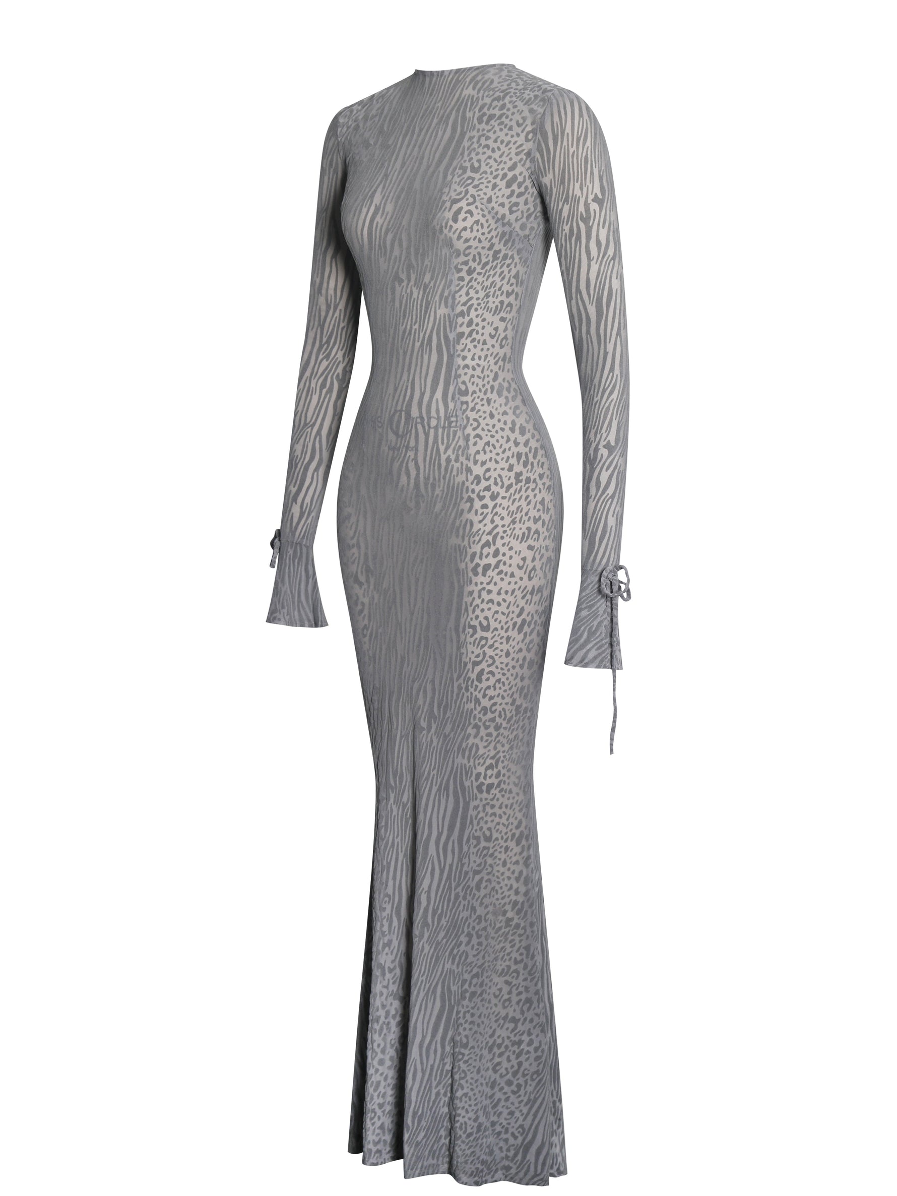 Waylynn Gray Animal Print Burnout Velvet Detail Mesh Backless Maxi Dress