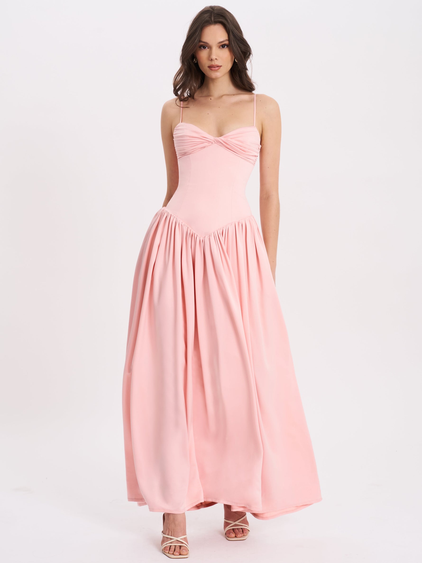 Najwa Baby Pink Ruched Breast Drop Waist Maxi Dress Miss Circle