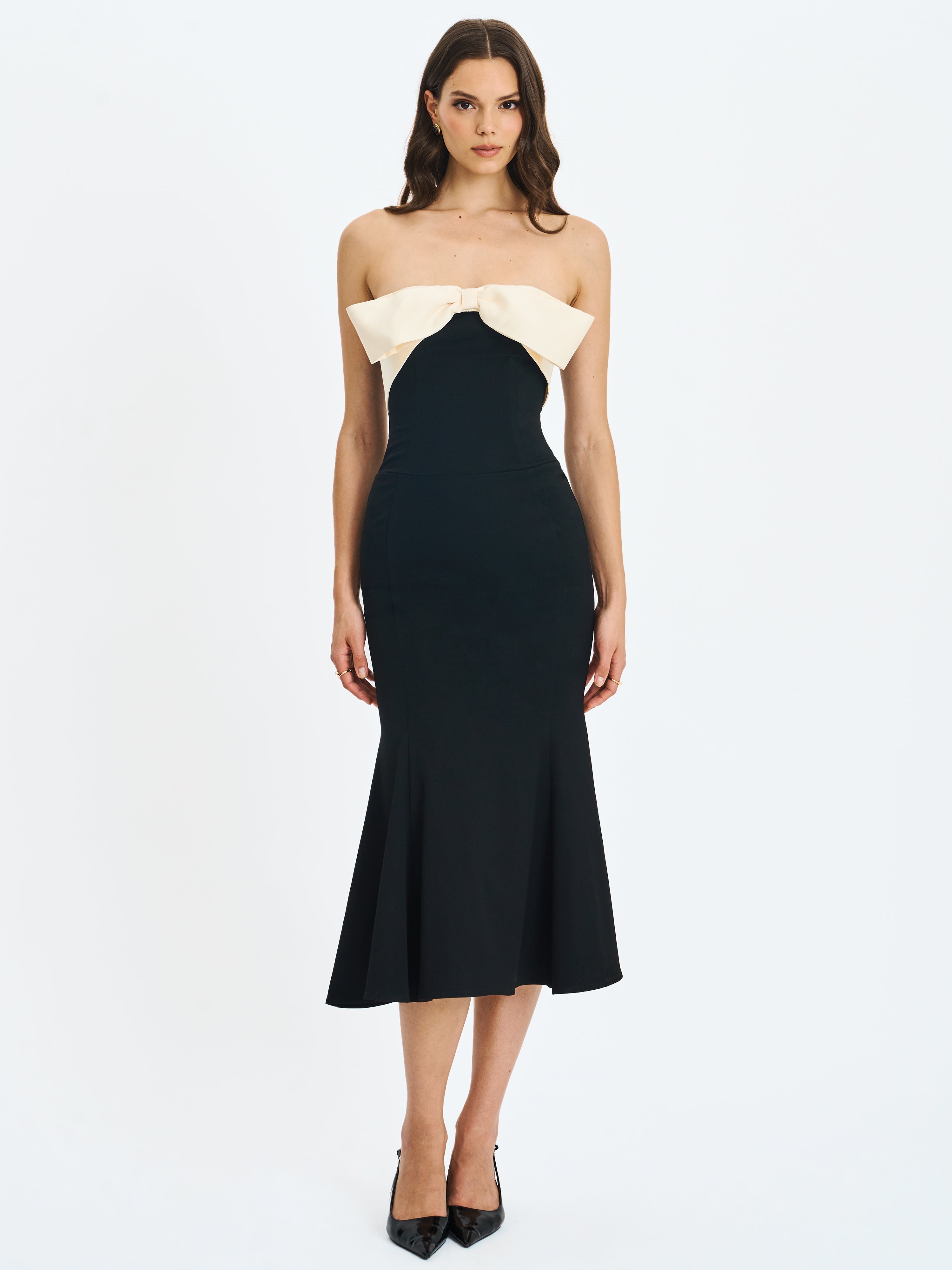 Saige Black Mermaid Midi Dress with Ivory Bow Bustline Miss Circle
