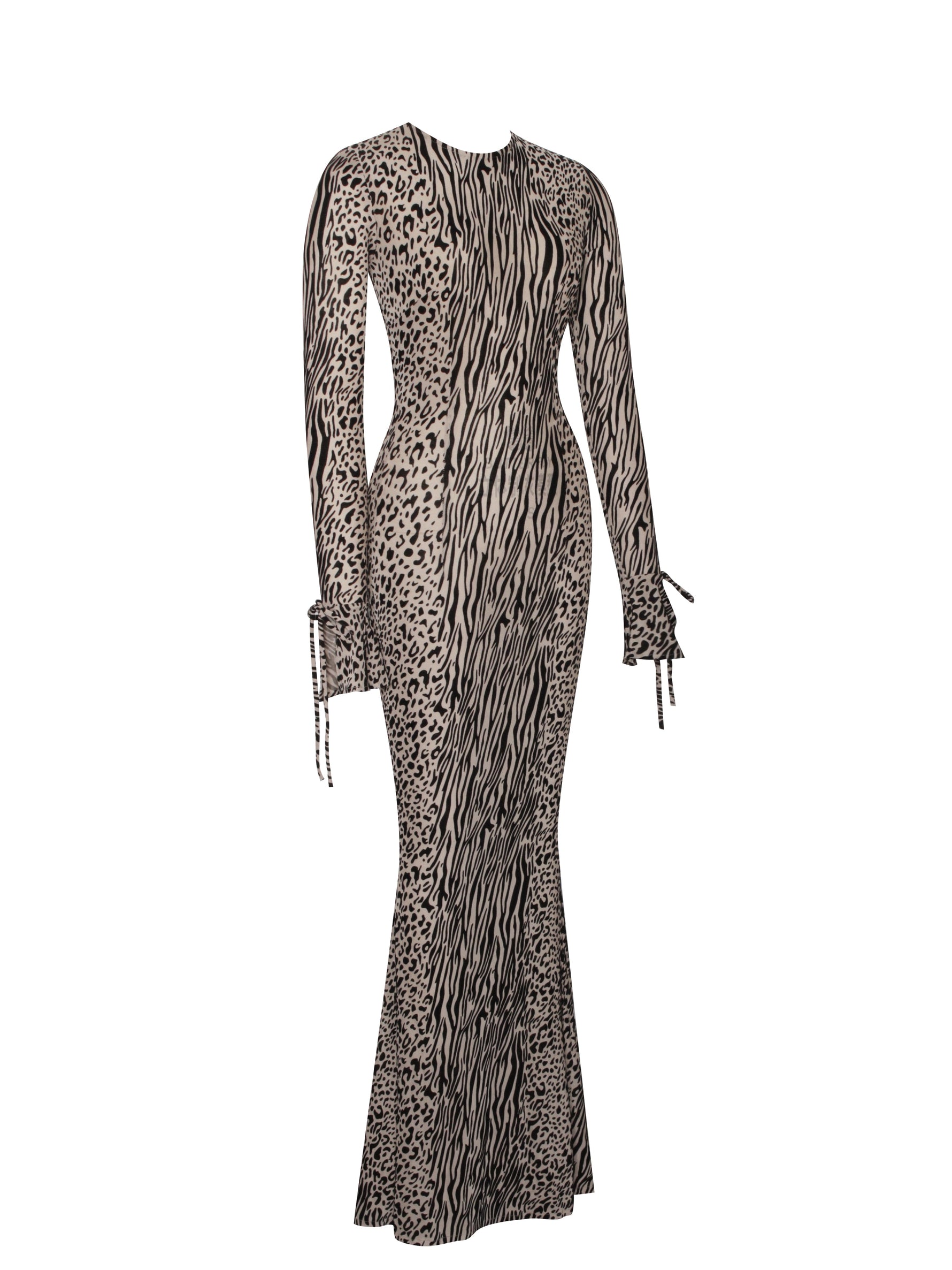 Waylynn Nude Black Animal Print Burnout Velvet Detail Mesh Backless Maxi Dress