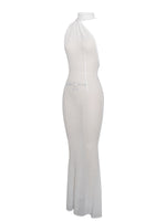 Olena White Burnout Velvet Animal Print Mesh Halter Neck Maxi Dress