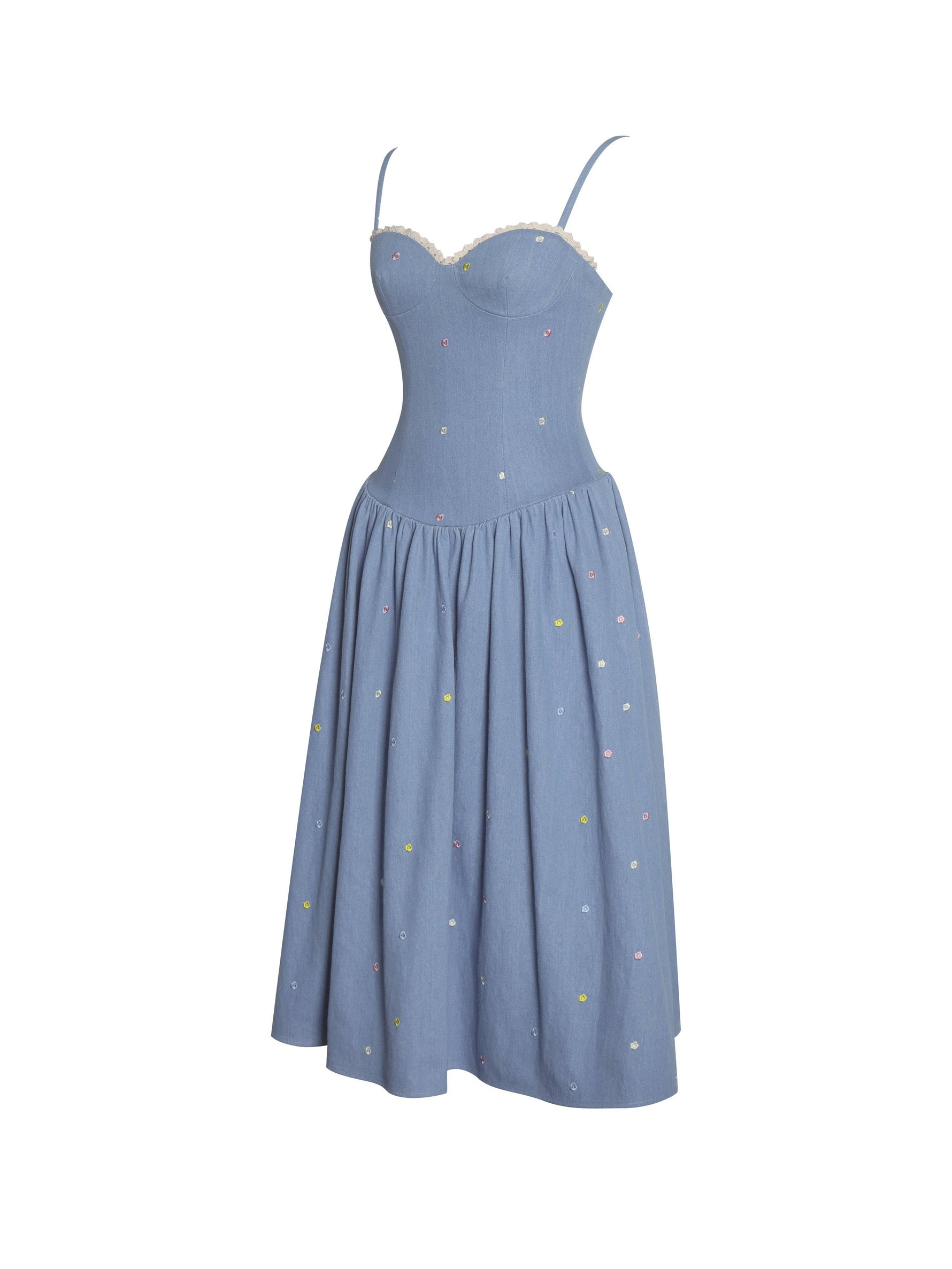 Zadie Cotton Denim Drop Waist Embroidery Flower Midi Dress