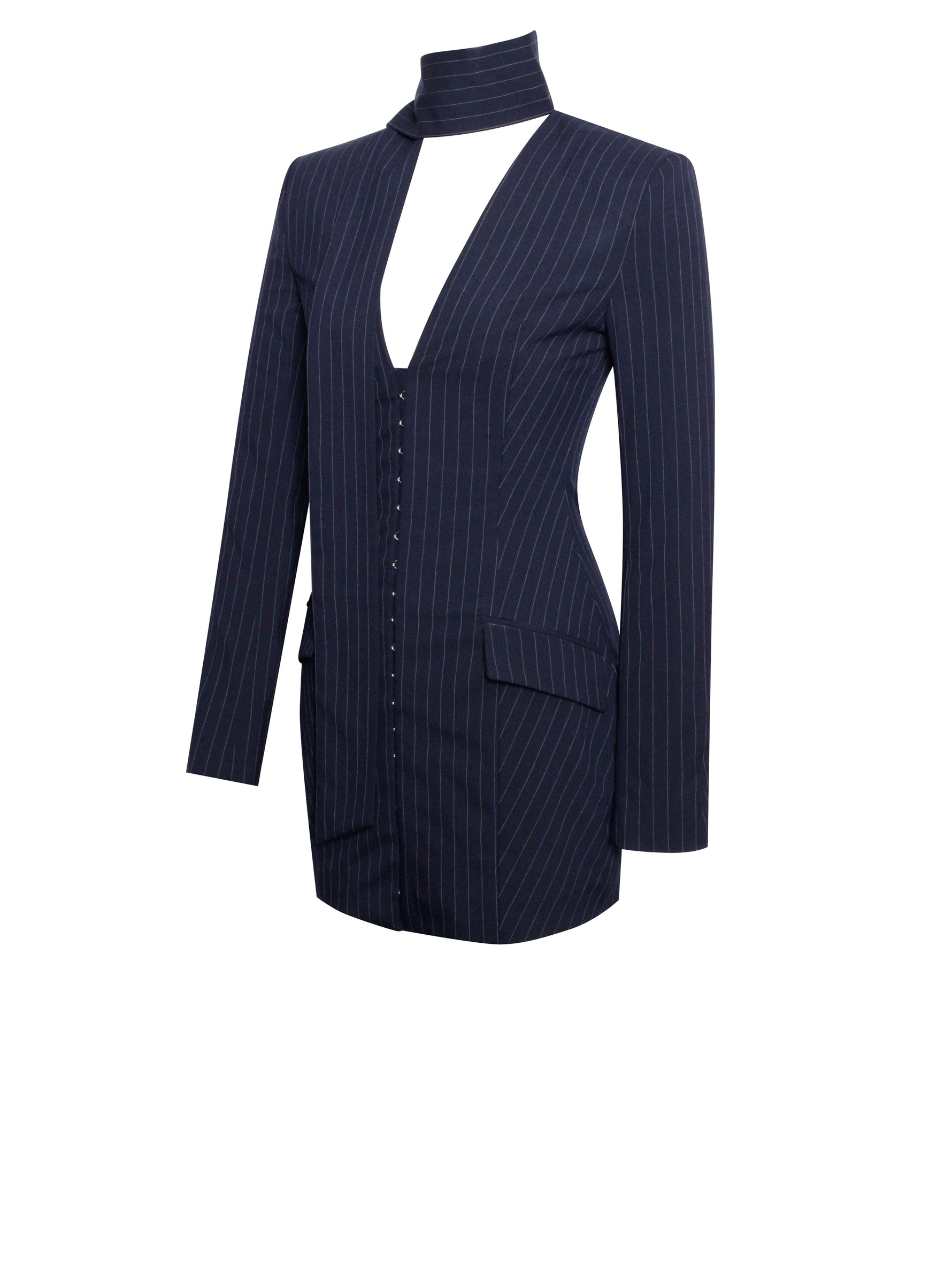 Tahlia Deep V Pinstripes Navy Blue Blazer Dress with scarf collar Miss Circle