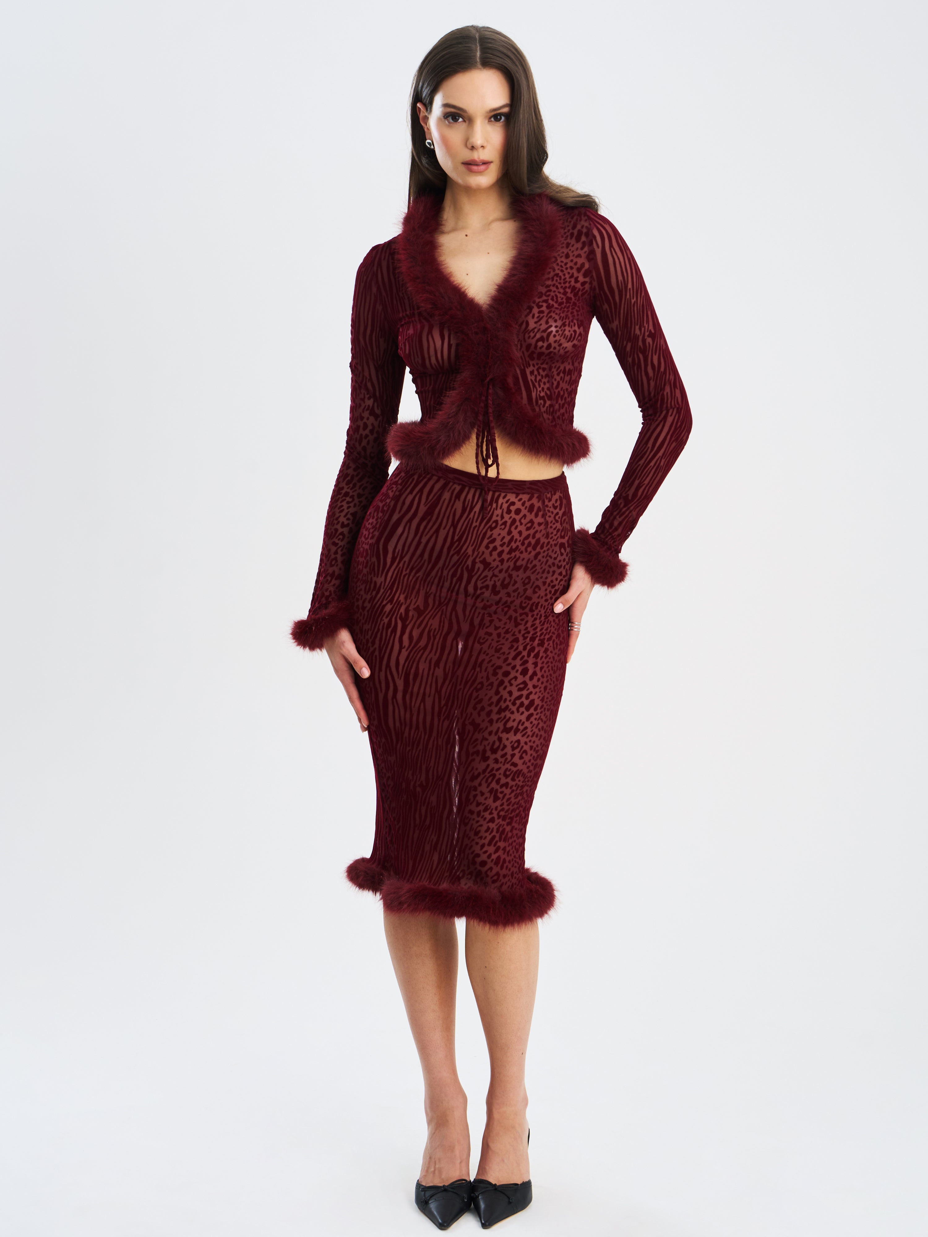 Halia Burgundy Animal Print Burnout Velvet Fur Trim Skirt Miss Circle