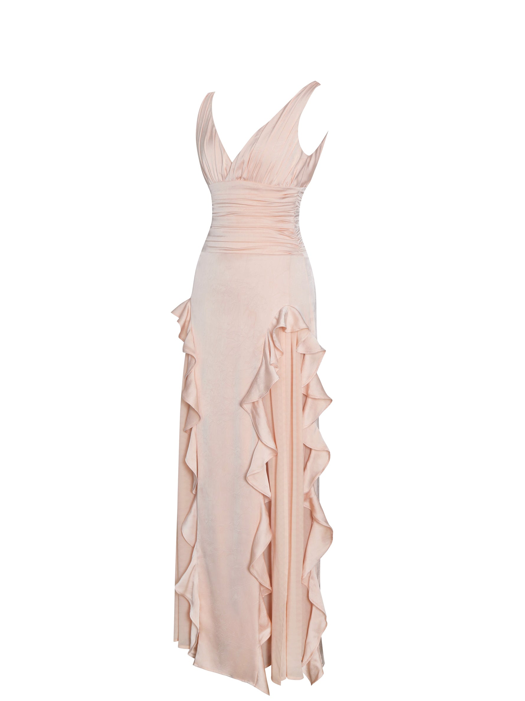 Talyssa Baby Pink Ruched Waist Double High Slit Maxi Gown (Archive Sale)