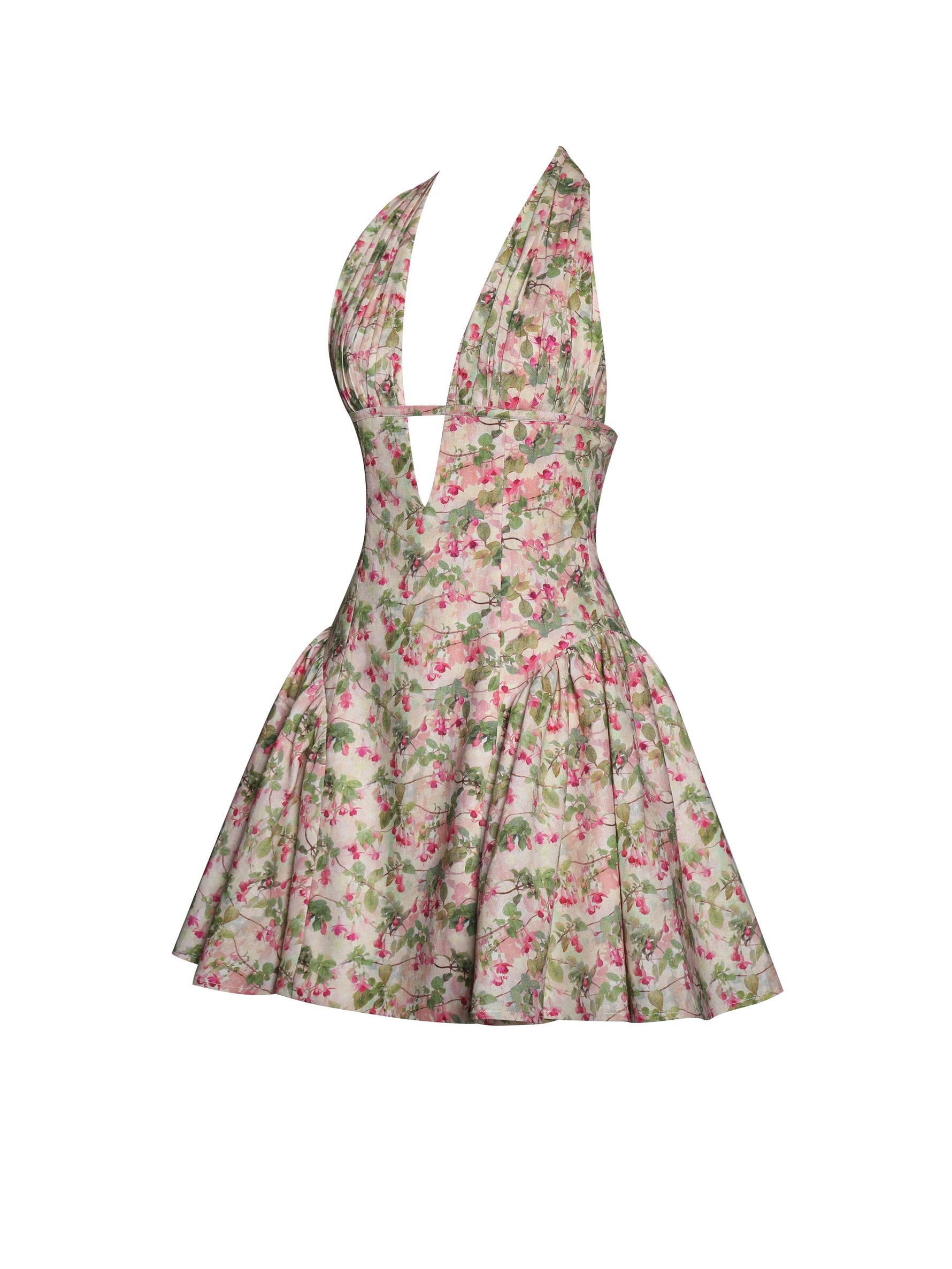 Mackenzie Green and Pink Floral Print Halter Linen Mini Dress Miss Circle