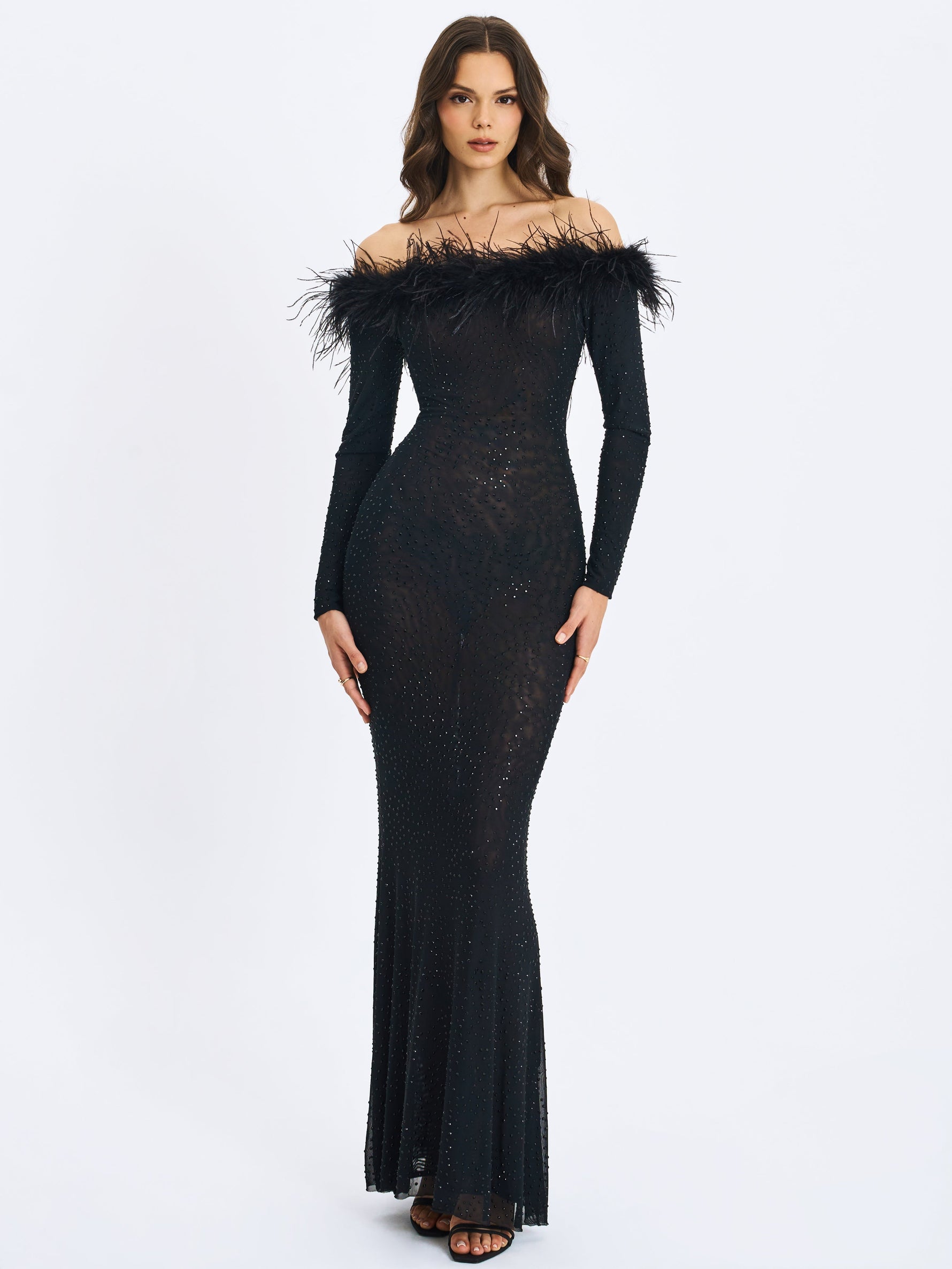 Emberly Black Fur Trimmed Off-Shoulder Rhinestone Mermaid Maxi Dress Miss Circle