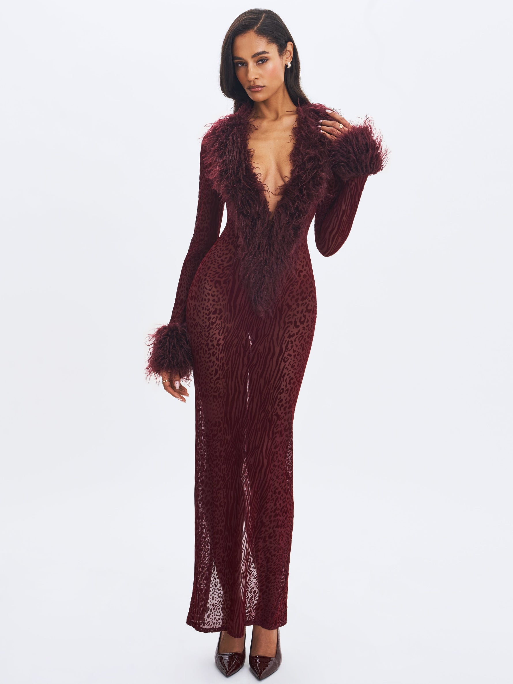 Luana Burgundy Plunging Fur Trimmed Crochet Maxi Dress