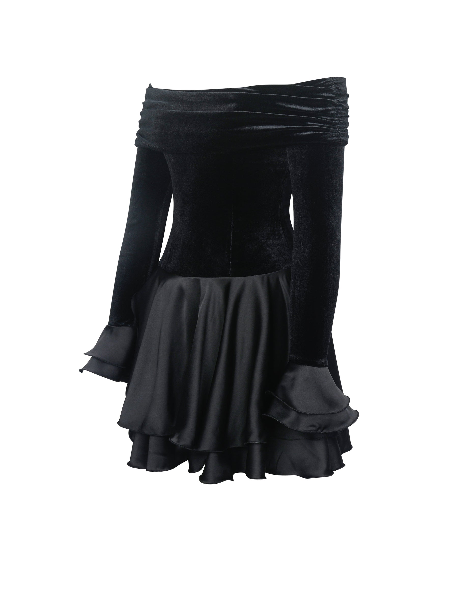 Magnolia Black Off-Shoulder Layered Satin Mini Dress Miss Circle