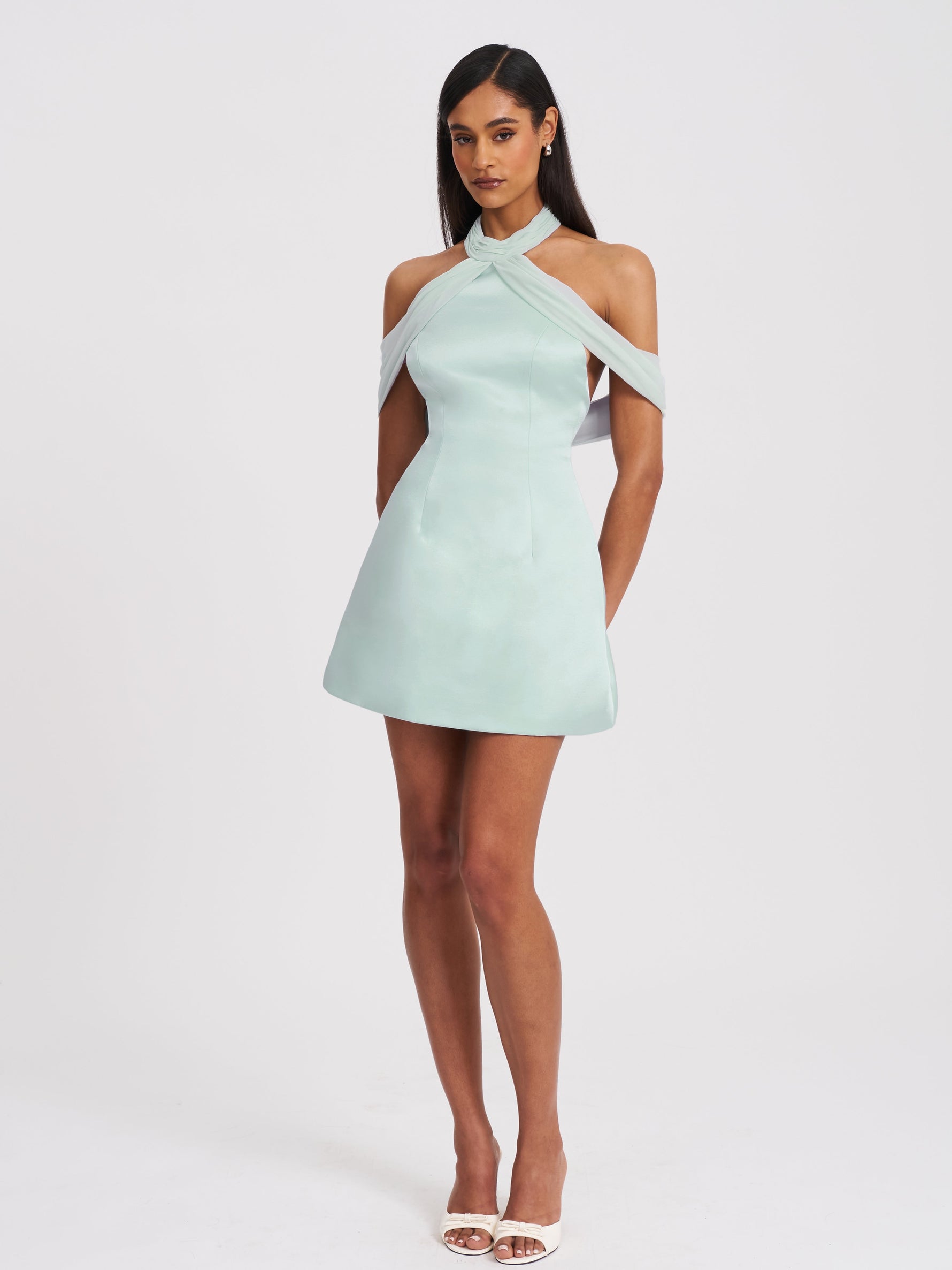 Zafrina Light Cyan Halter Off-shoulder Backless Mini Dress Miss Circle
