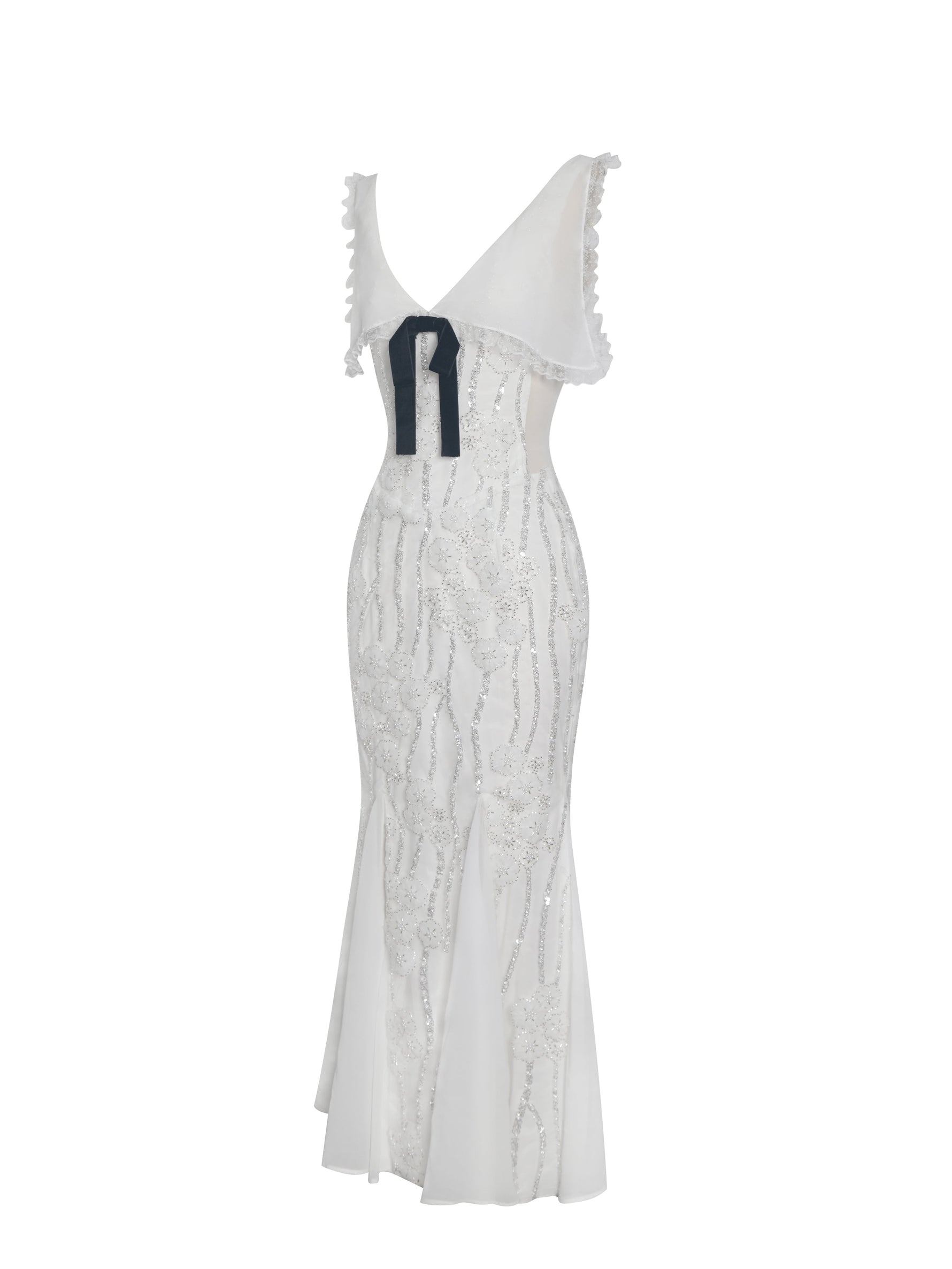 Paola White Peter Pan Collar Beaded Sequin Mermaid Midi Dress Miss Circle