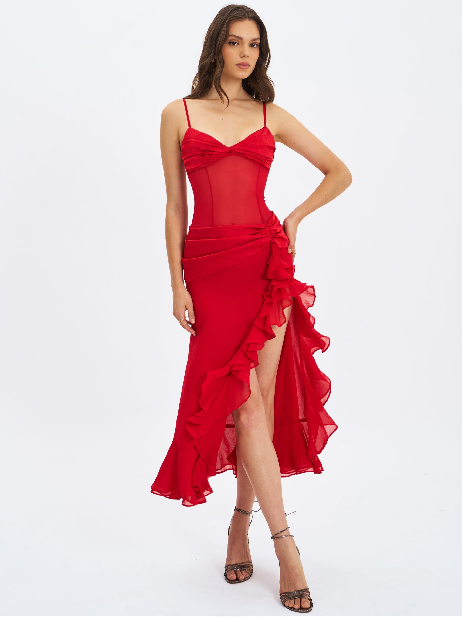 Dahlina Red Ruched Waist High Slit Midi Dress