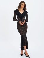 Parisa Black Lace Ruffled Mermaid Maxi Dress