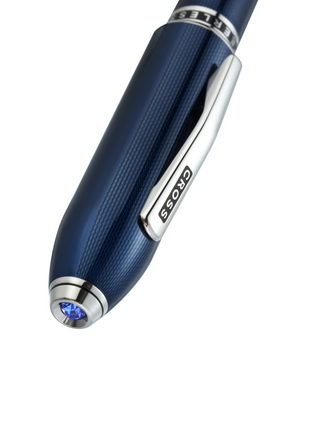 Peerless™ Polished Translucent Cobalt Blue Engraved Diamond Pattern with Polished Chrome Appointments and Swarovski Crystal Rollerball Pen - By Baano