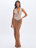 Nancie Apricot Beaded Halter Peplum Ruched Maxi Dress
