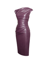 Sabina Purple Leather Slash Neck Midi Dress Miss Circle