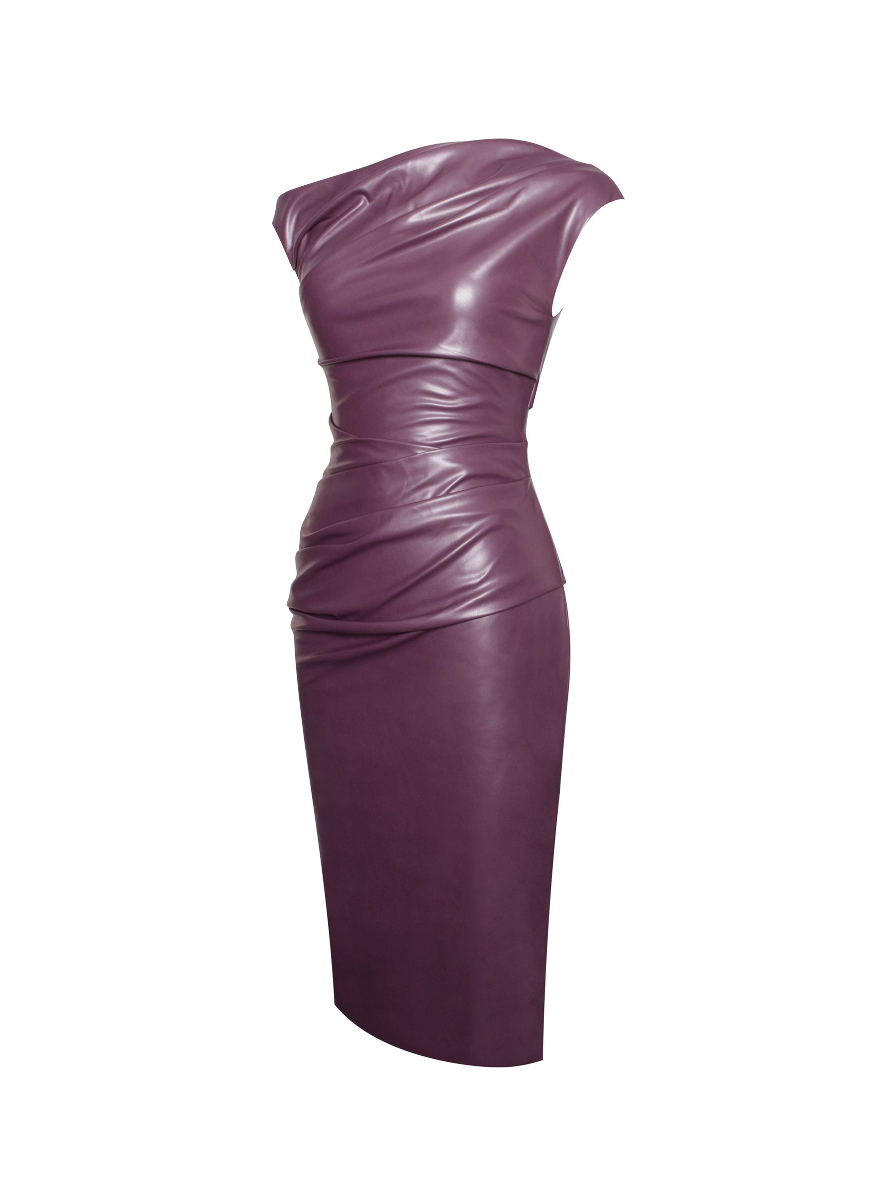 Sabina Purple Leather Slash Neck Midi Dress Miss Circle