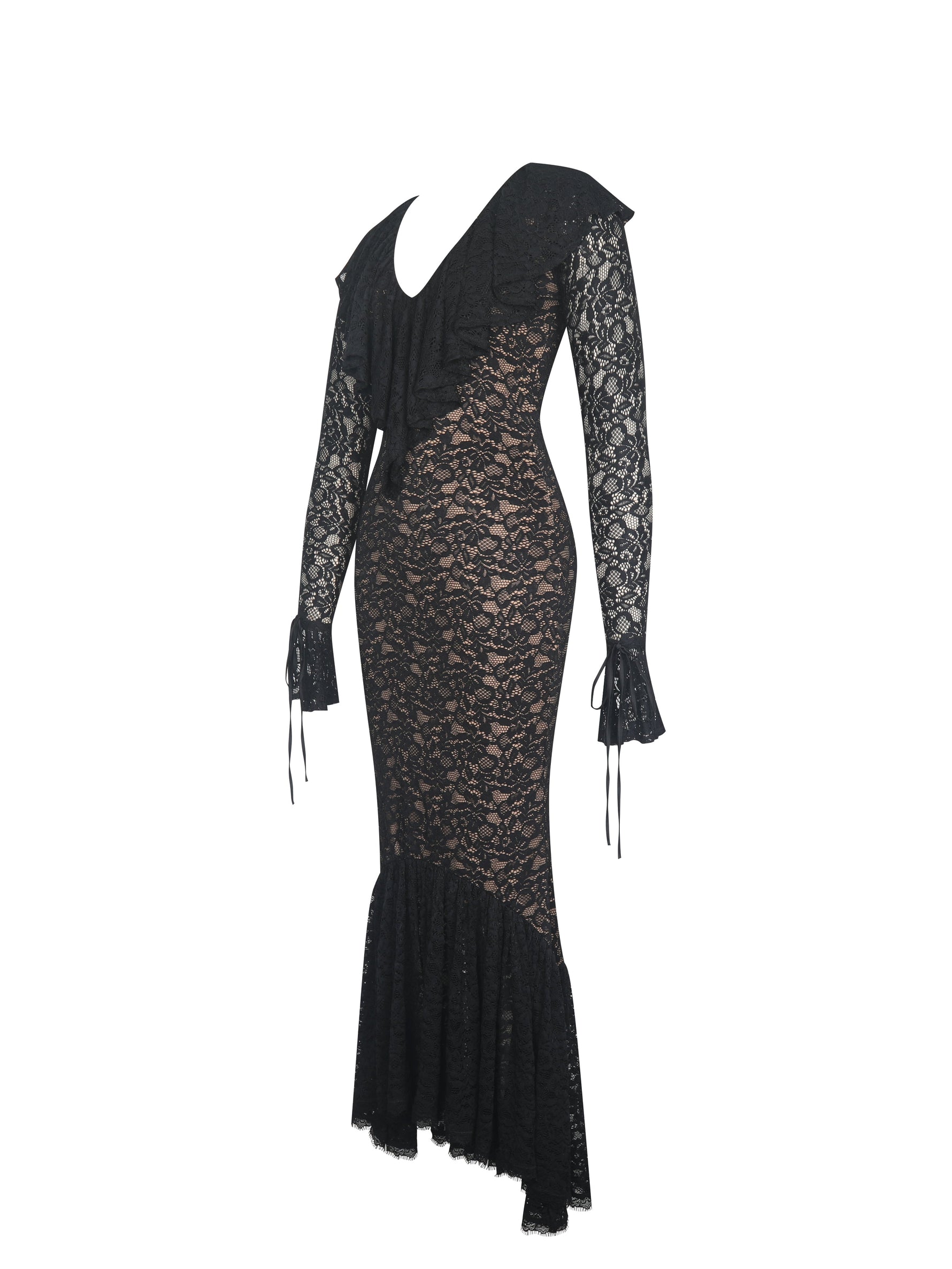 Parisa Black Lace Ruffled Mermaid Maxi Dress