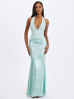 Wendale Mint Sequin Plunging Mermaid Maxi Dress