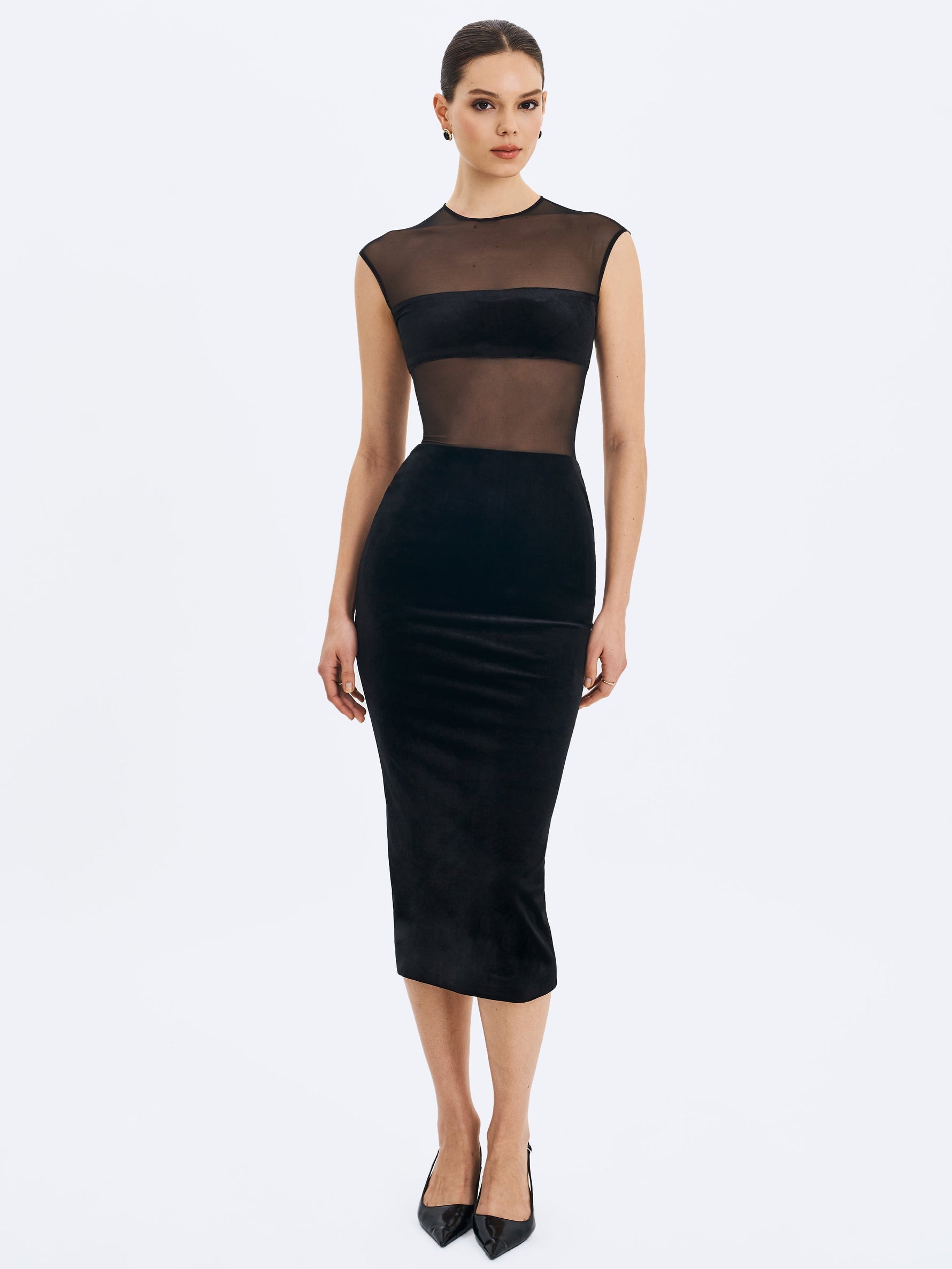 Quielle Black Mesh and Velvet Midi Bodycon Dress Miss Circle