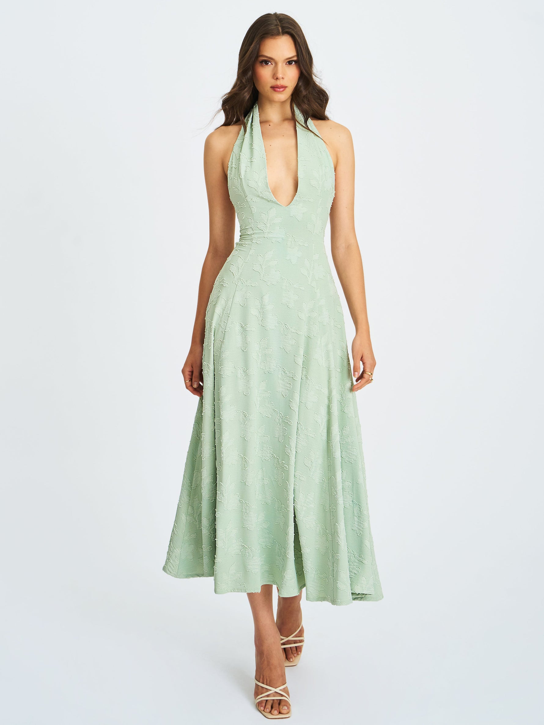 Magda Mint Green Deep V Neck Halter A-line Midi Dress