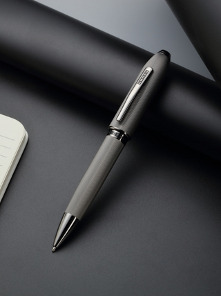 Peerless™ Polished Slate Gray Engraved Diamond Pattern with Slate Gray PVD Appointments and Swarovski Crystal Ballpoint Pen - By Baano