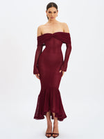 Kaedyn Burgundy Off Shoulder Long Sleeve Crochet Mermaid Maxi Dress Miss Circle