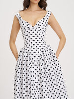 Rahma Polka Dot Drop Waist Midi Cotton Poplin Dress Miss Circle