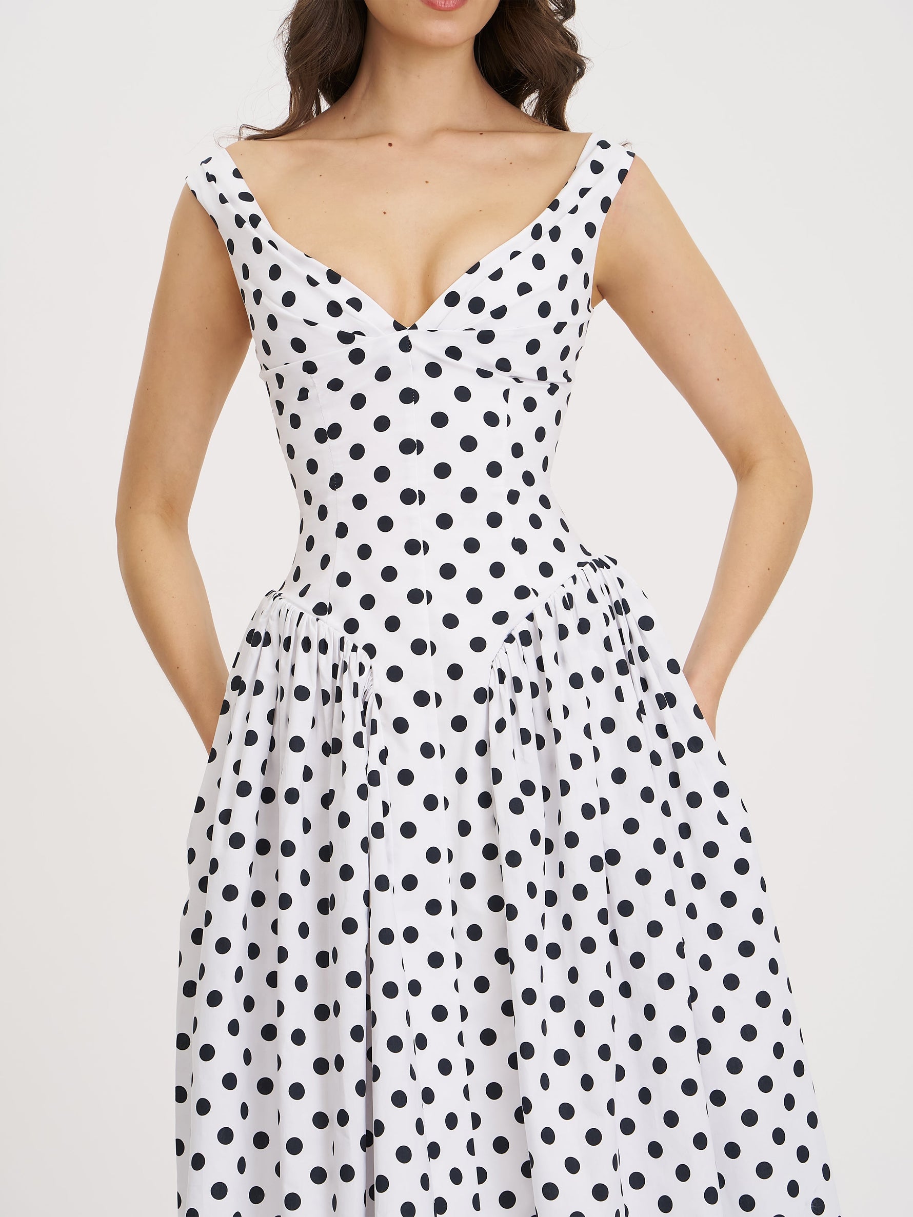 Rahma Polka Dot Drop Waist Midi Cotton Poplin Dress Miss Circle