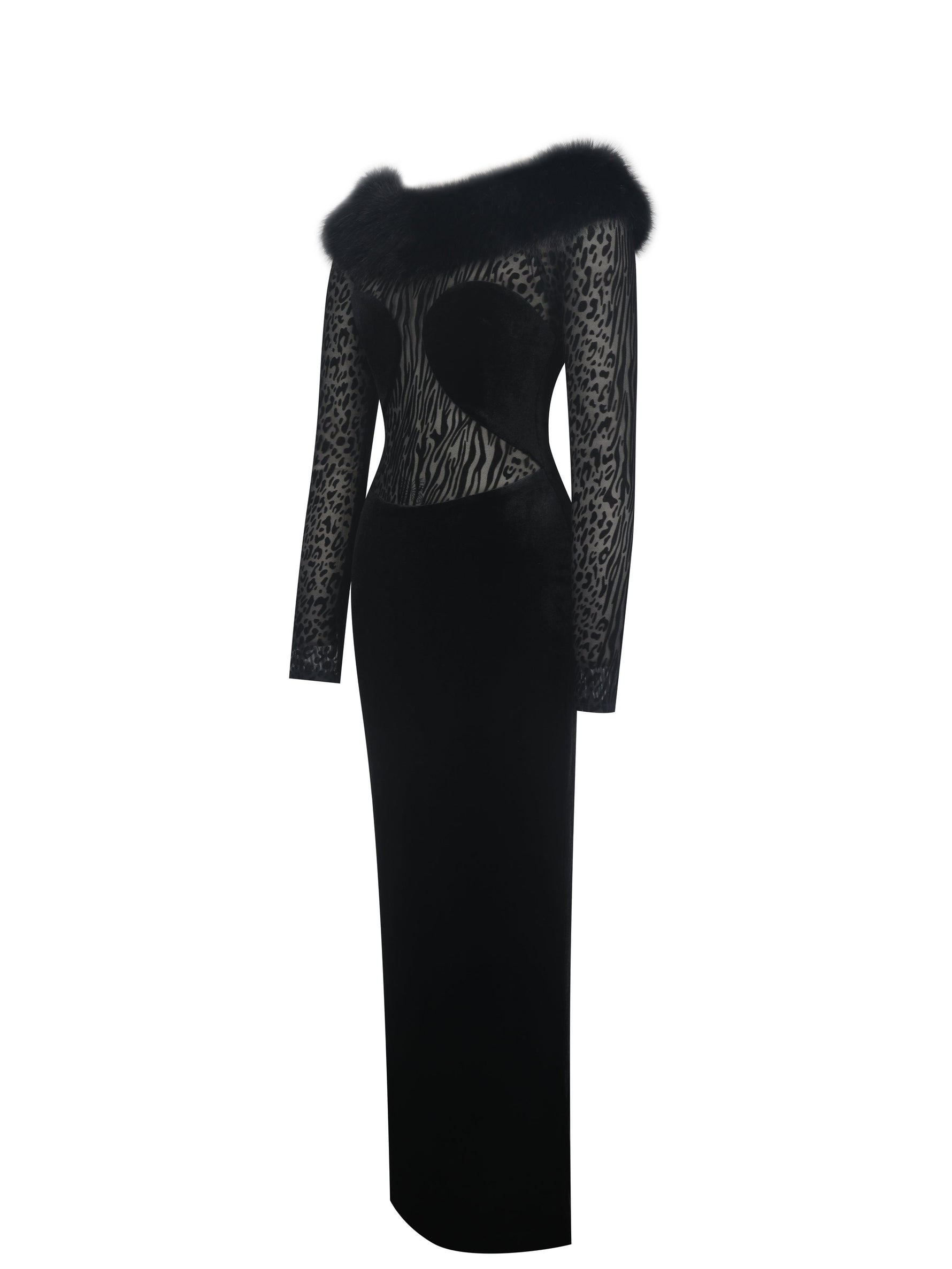 Alexis Black Velvet Animal Print Fur Boatneck Maxi Dress Miss Circle