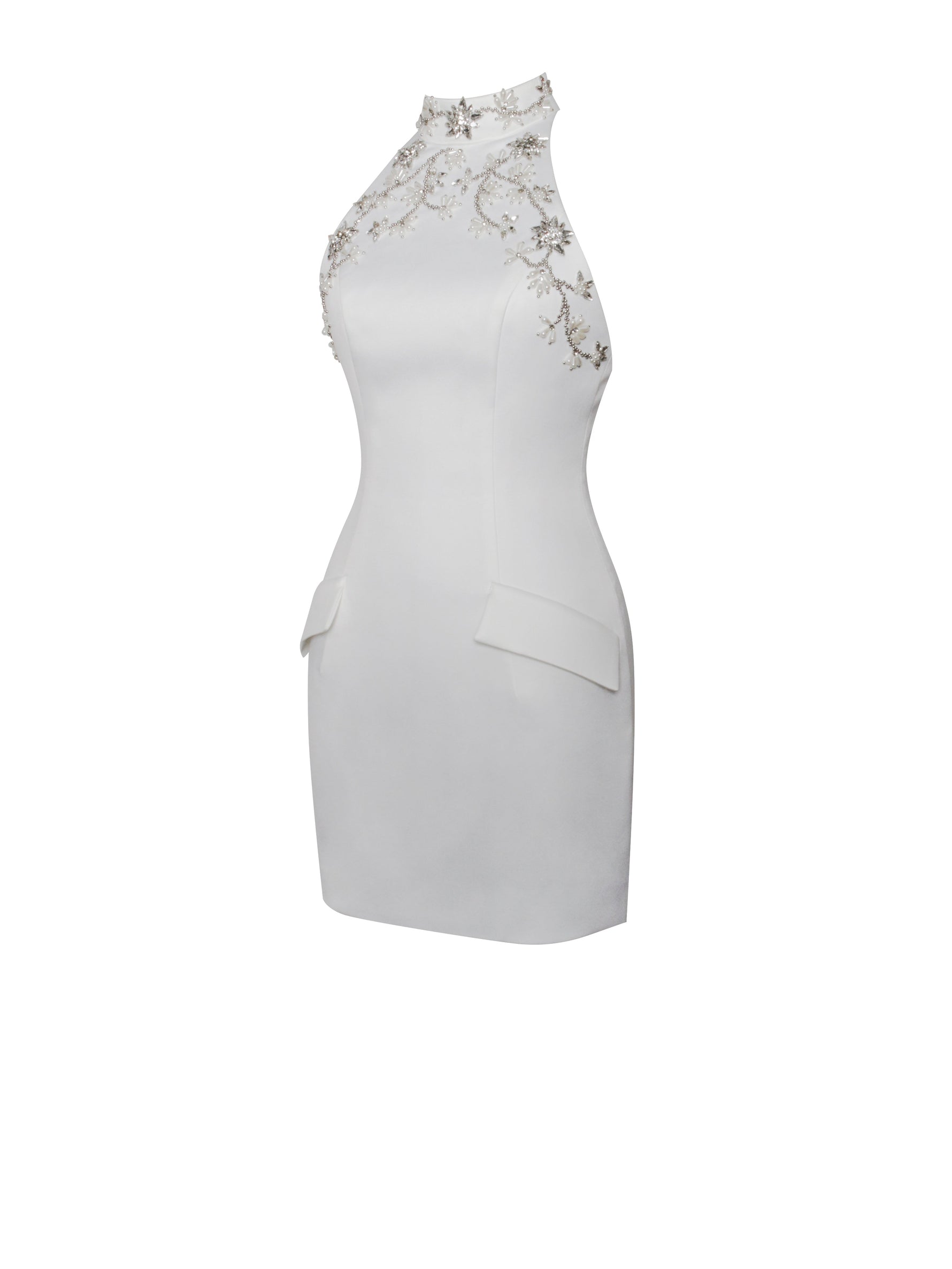 Ori White Halter Neck Crystal Pearl Mini Dress Miss Circle