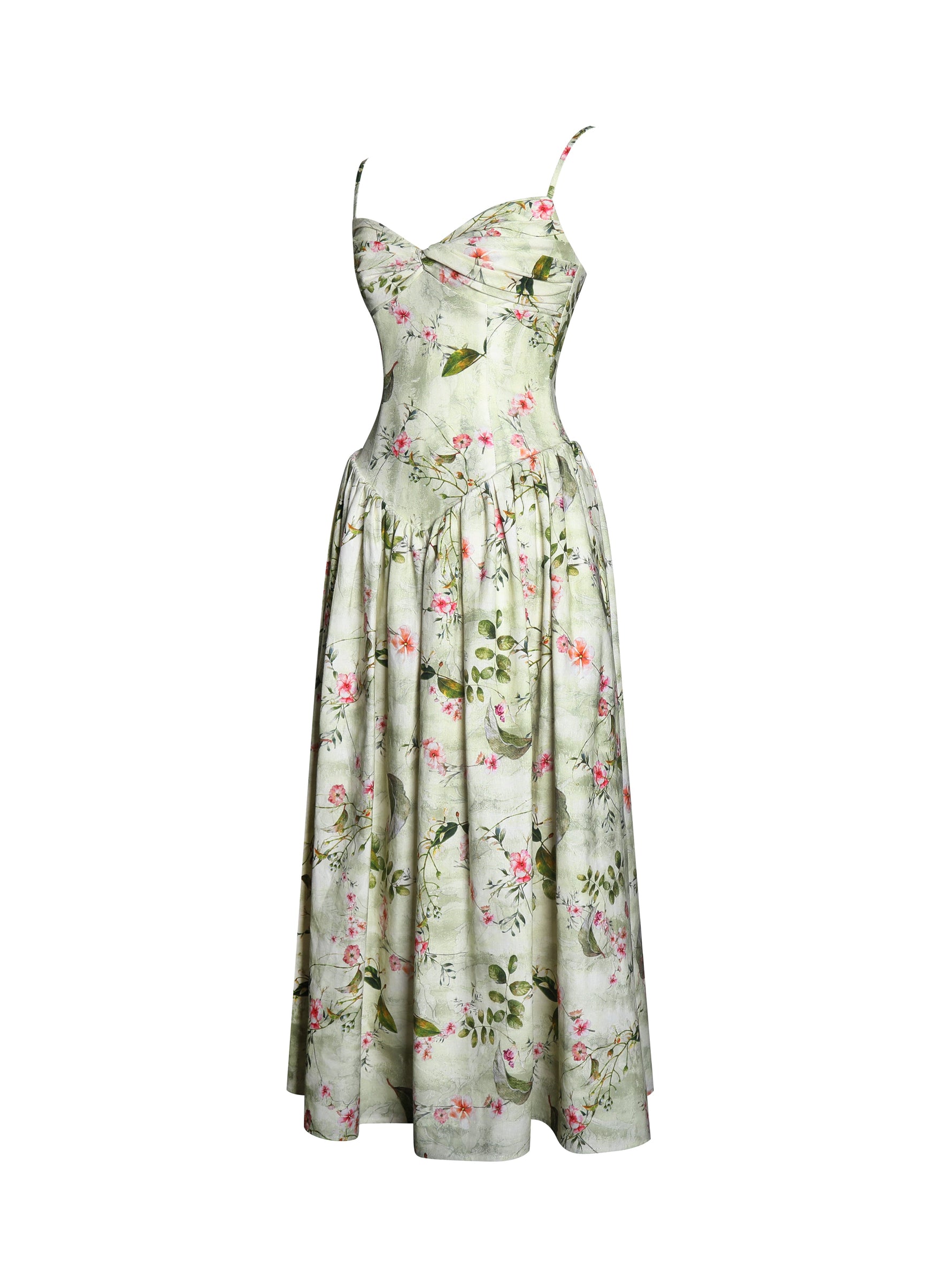 Jacinda Green Floral Print Ruched Breast Linen Midi Dress