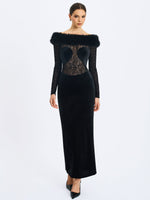 Alexis Black Velvet Animal Print Fur Boatneck Maxi Dress Miss Circle