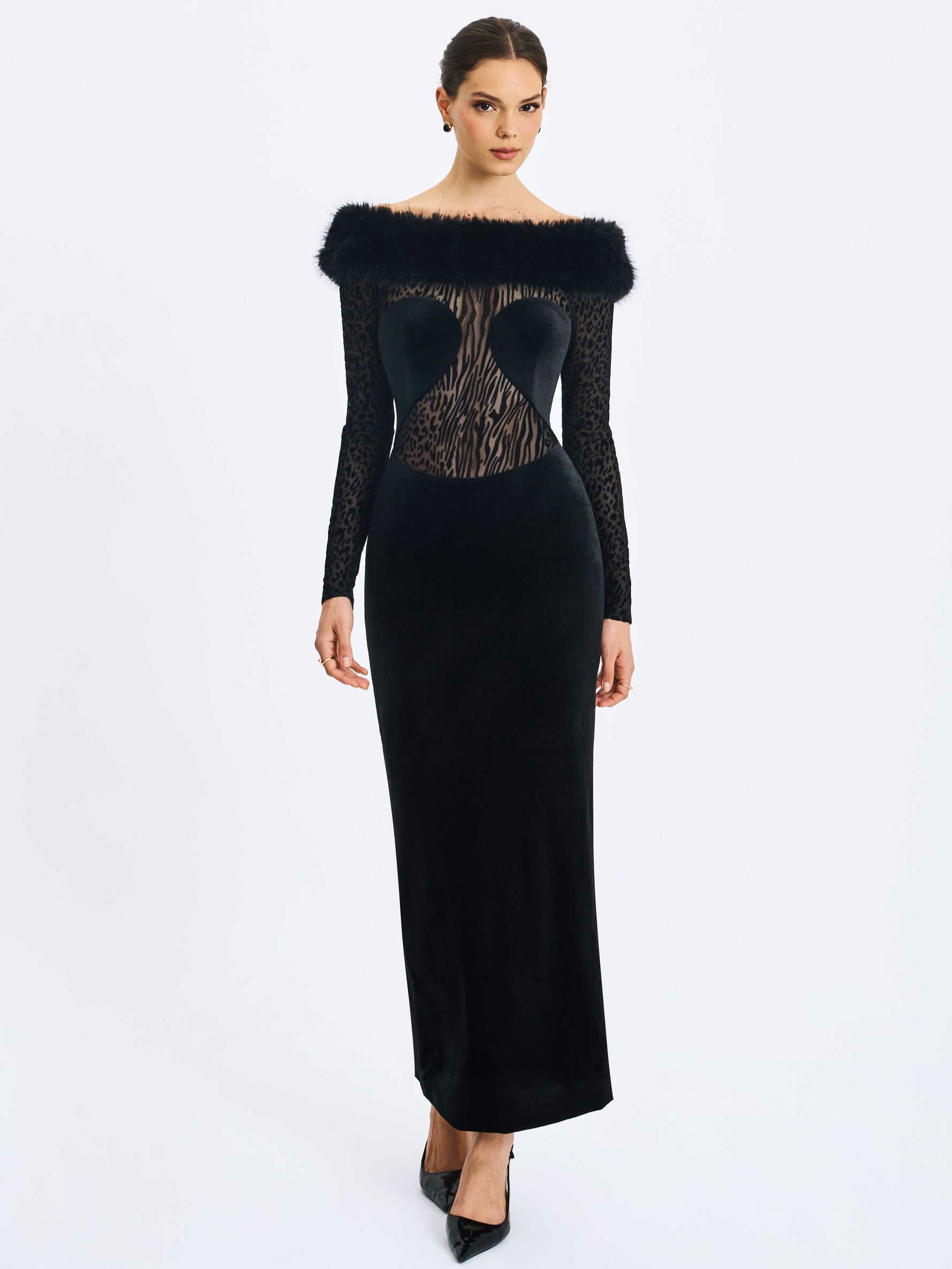 Alexis Black Velvet Animal Print Fur Boatneck Maxi Dress Miss Circle