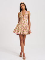 Mackenzie Green and Pink Floral Print Halter Linen Mini Dress Miss Circle
