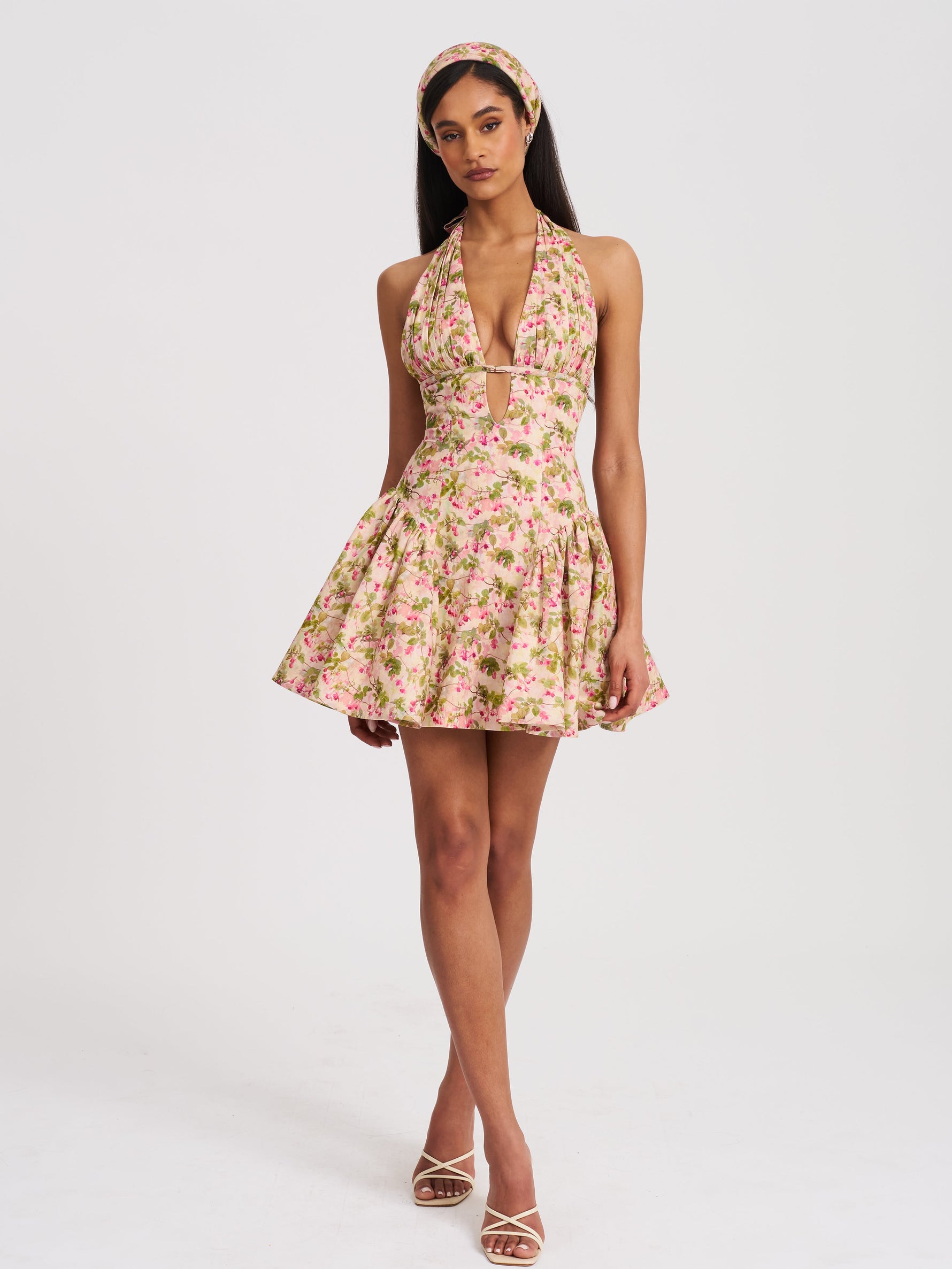 Mackenzie Green and Pink Floral Print Halter Linen Mini Dress Miss Circle