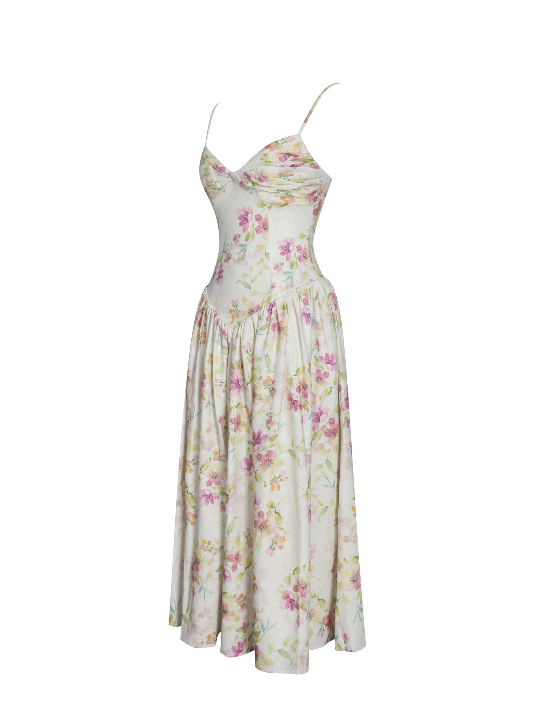 Jacinda Yellow Floral Print Ruched Breast Linen Midi Dress
