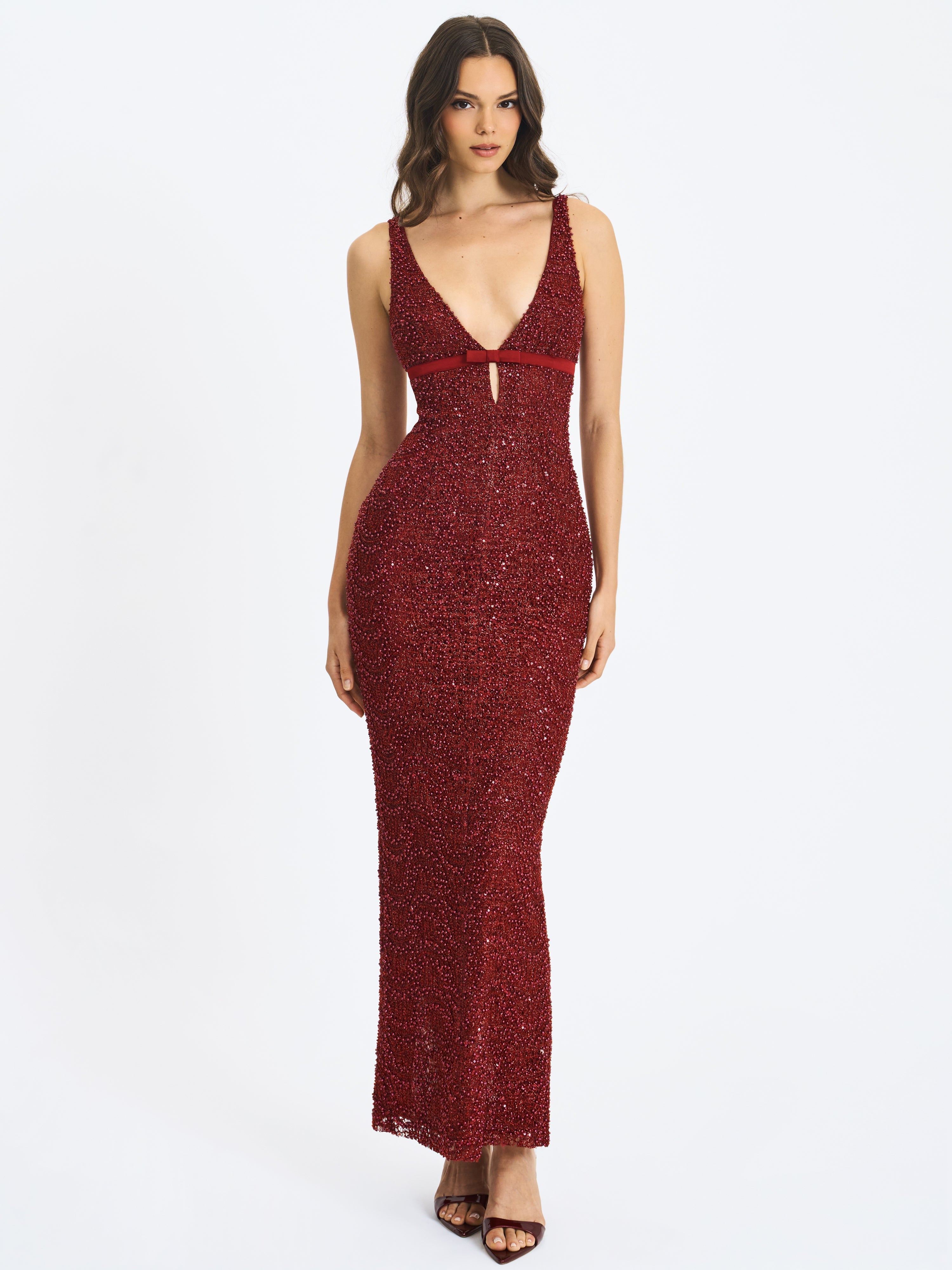 Elora Crimson Sequin Beaded Keyhole Maxi Dress Miss Circle