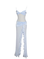 Lacy Blue Ruched Breast High Slit Chiffon Dress
