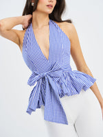 Ilene Blue and White Checkered Bubble Hem Halter Top Miss Circle