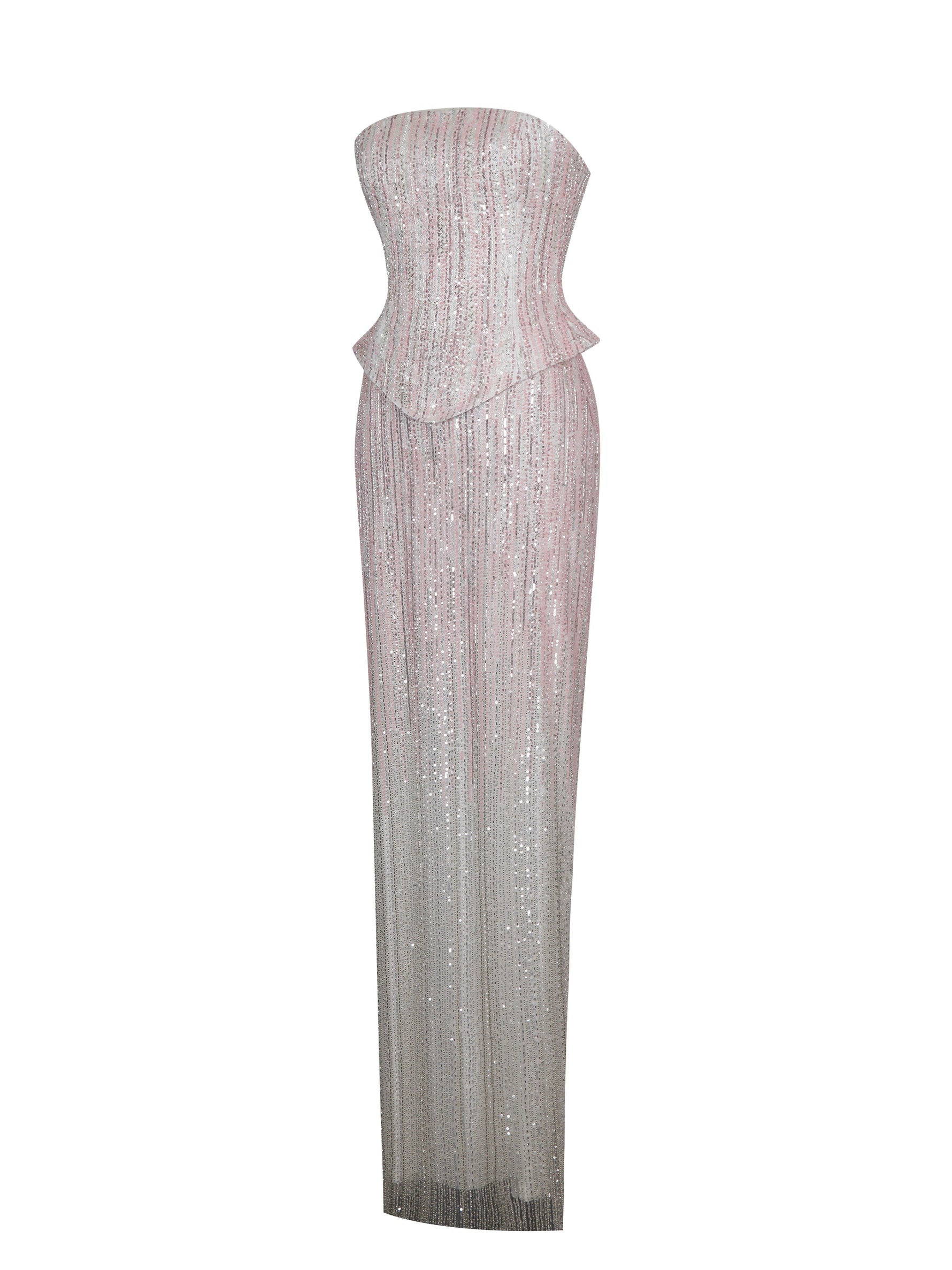 Tosca Beaded Blush Gradient Strapless Peplum Maxi Dress