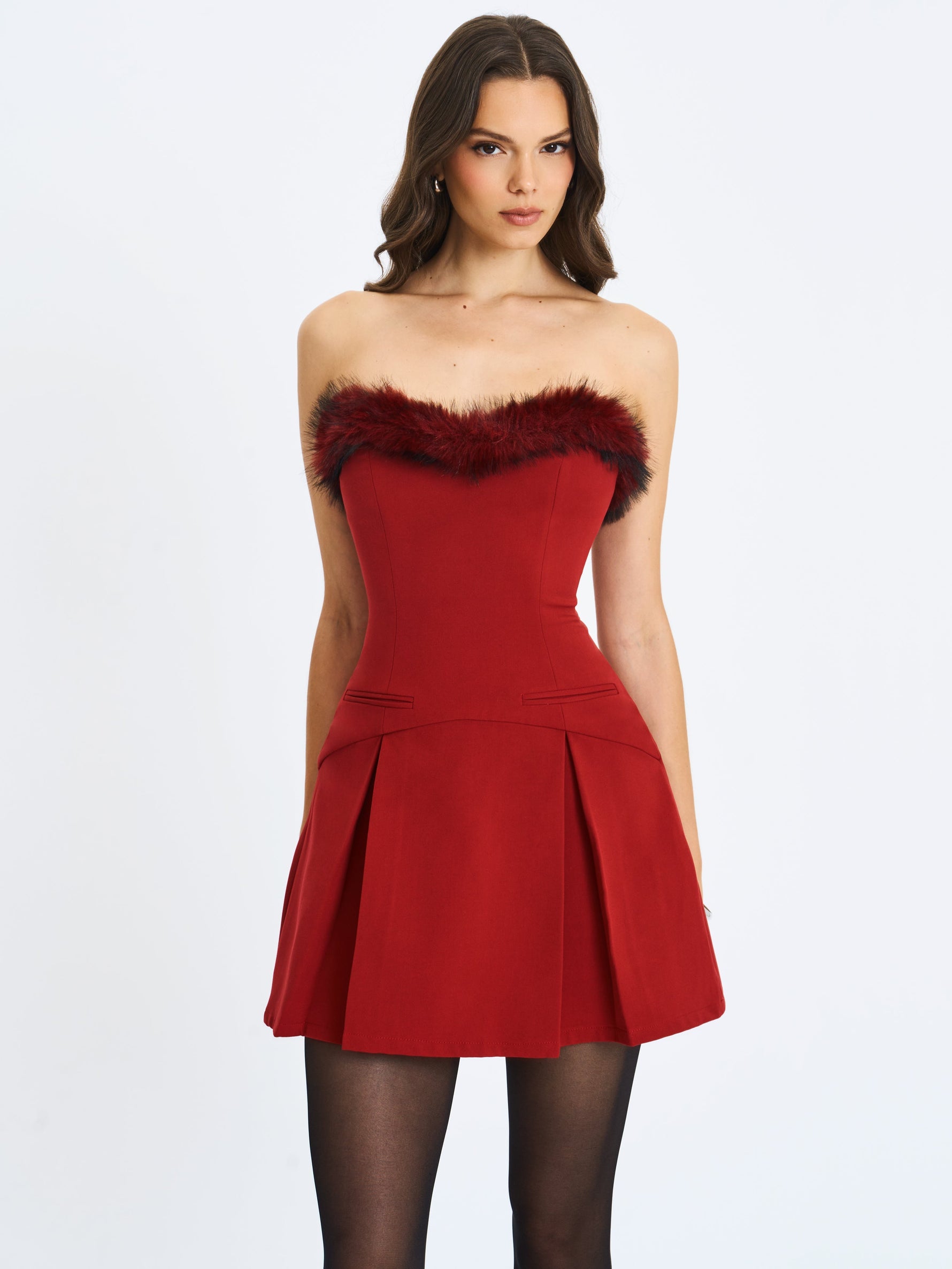Nalia Crimson Fur Trimmed Sweetheart Mini Dress Miss Circle