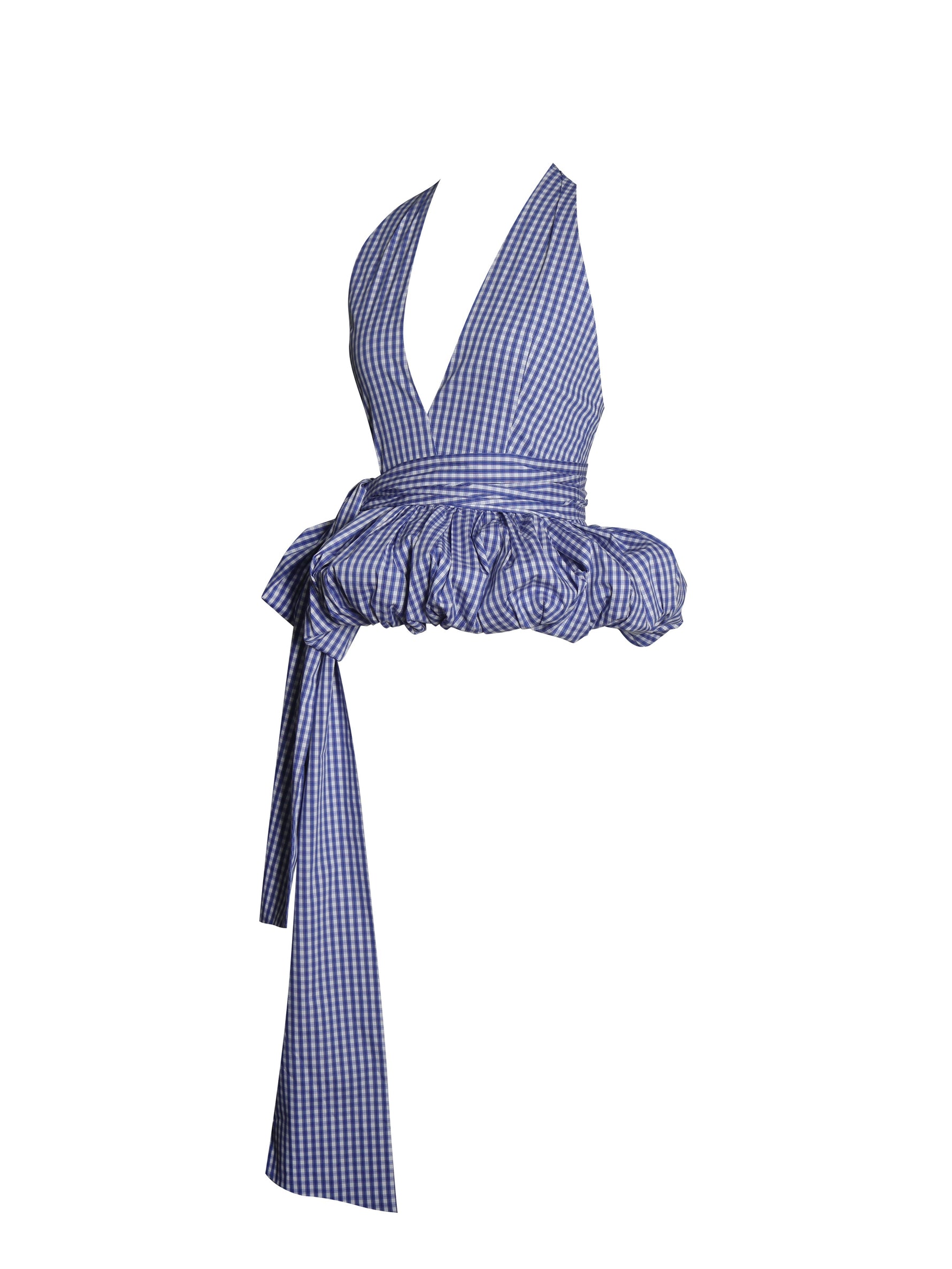 Ilene Blue and White Checkered Bubble Hem Halter Top Miss Circle