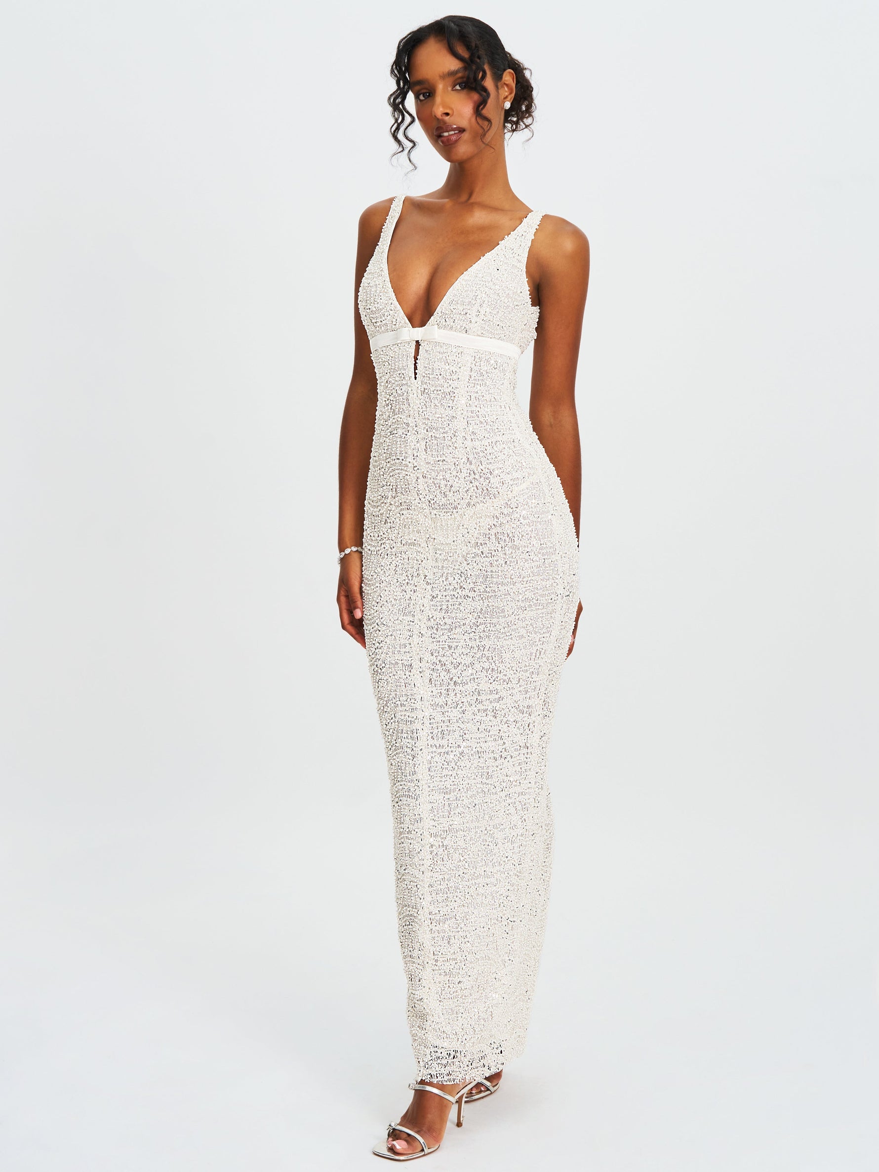 Adelaide White Beaded Sequin Net Bodycon Gown Miss Circle